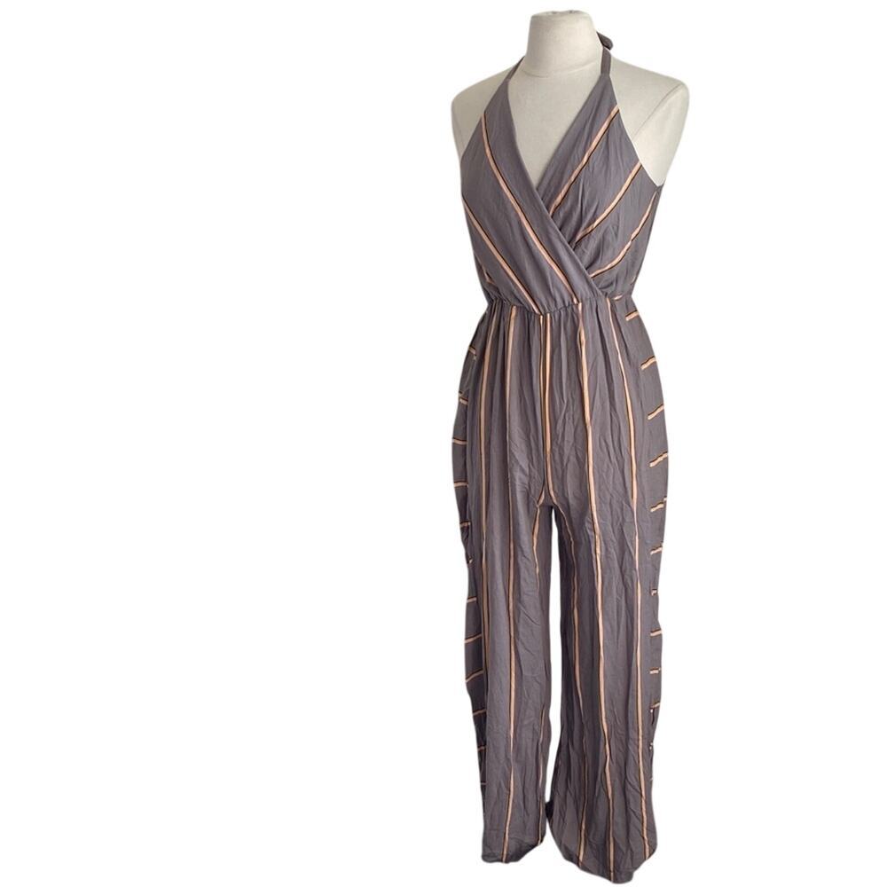 XHILARATION Halter Jumpsuit Womens Sz Medium Grey Striped Pant Coastal